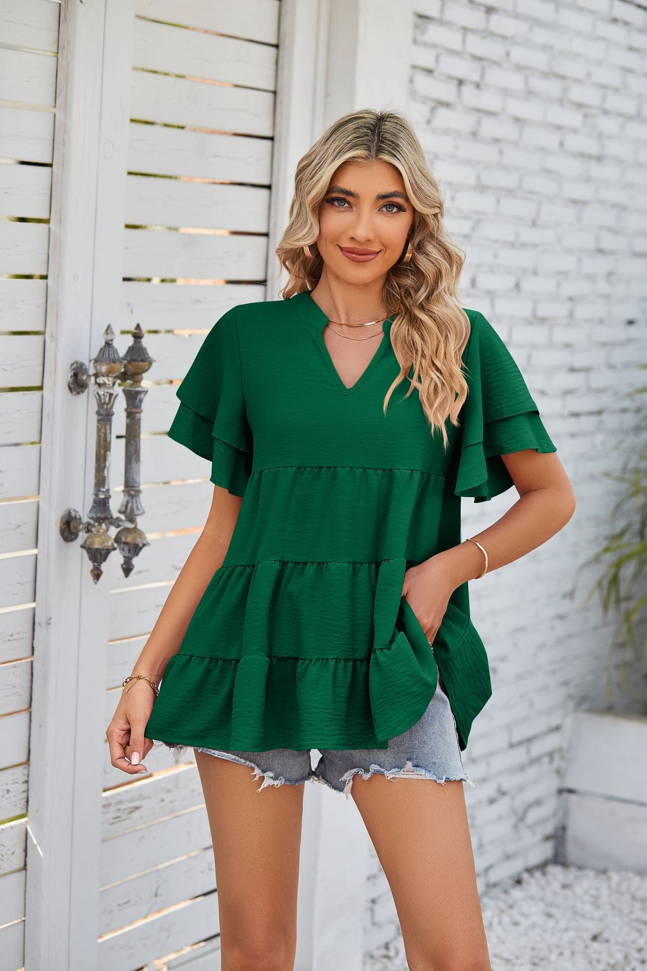 V-Neck Double-Sleeve Sweet Doll Shirt