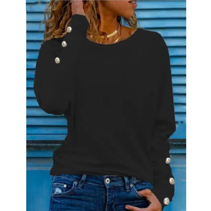 Women's Cotton Long Sleeve Crew Neck Button Detail Top