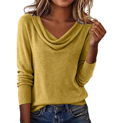 Women's Cowl Neck Puff Sleeve Solid Knit Sweater Top