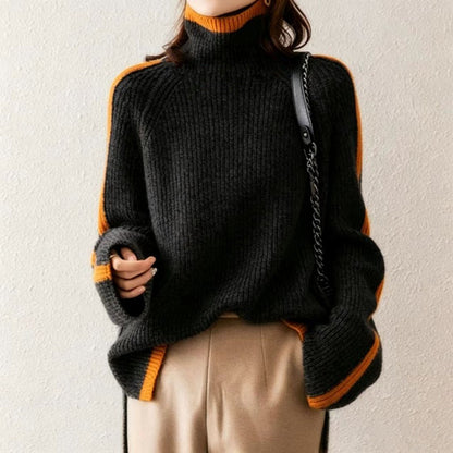 Oversized Chunky Turtleneck Sweater Color Block Pullover