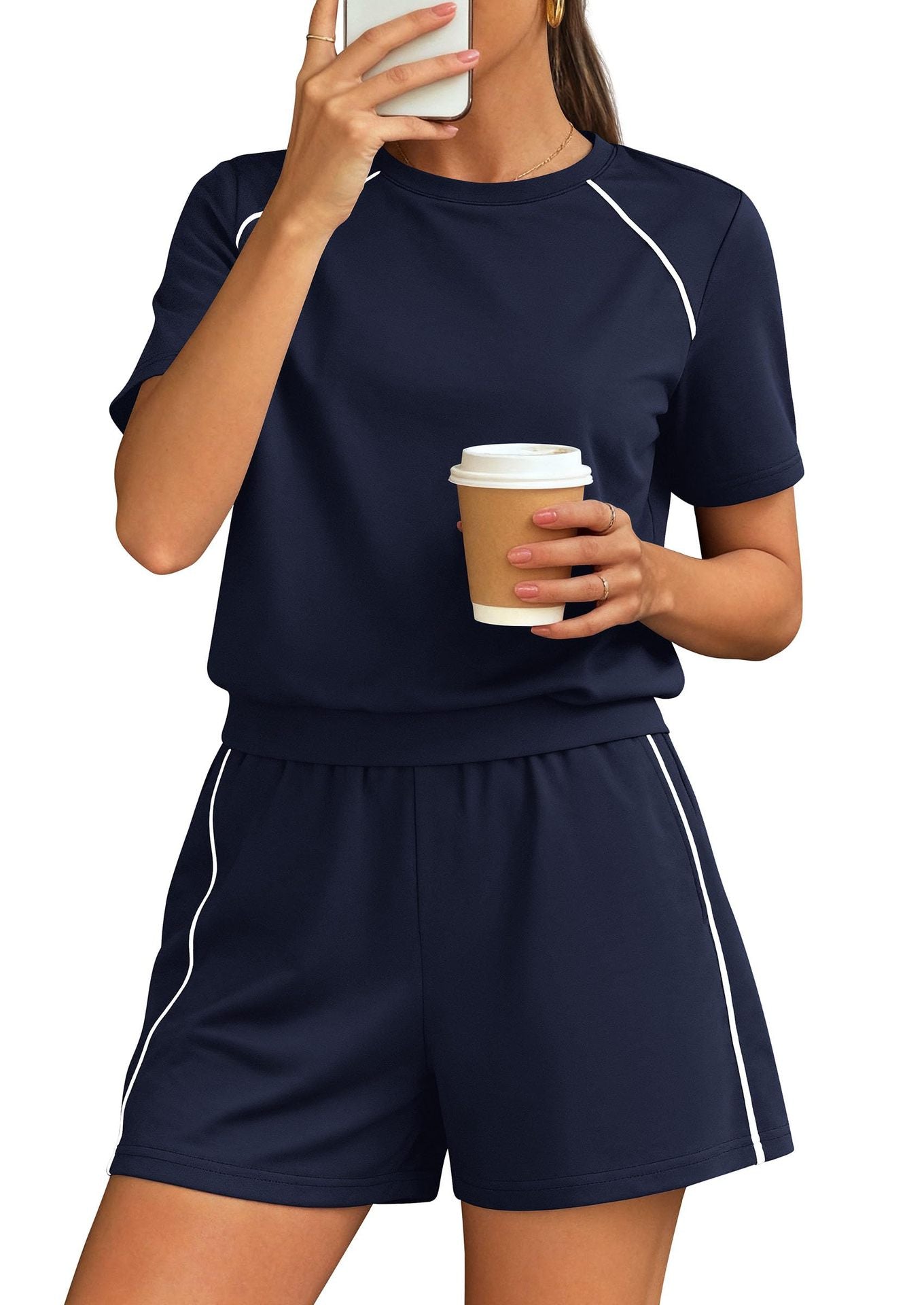 Athletic Lounge Set Contrast Trim Shorts 2 Piece Outfit