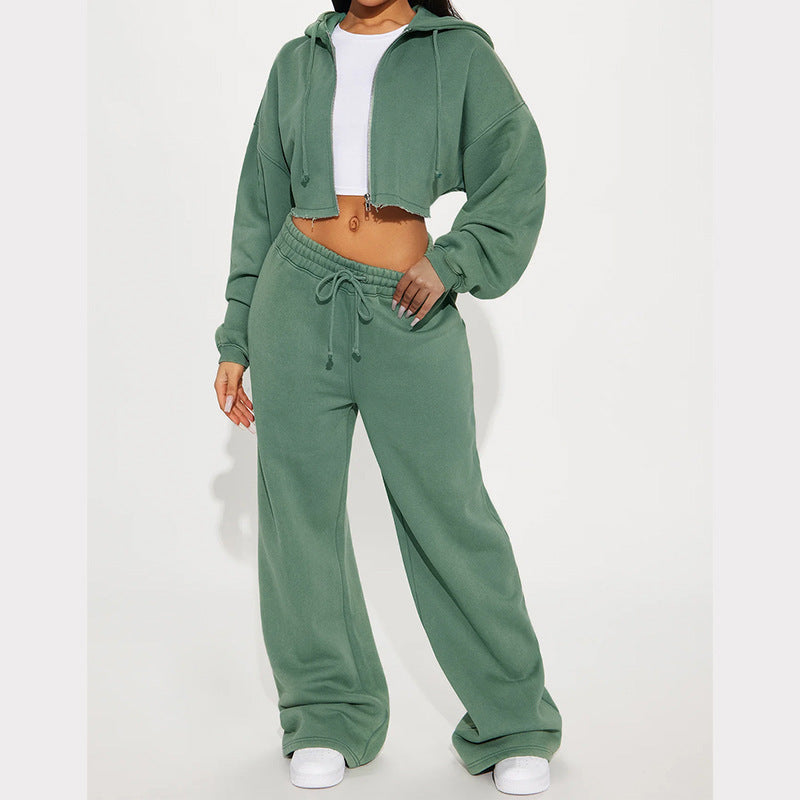 Women's Two Piece Crop Zip Hoodie Wide Leg Sweatpants Set
