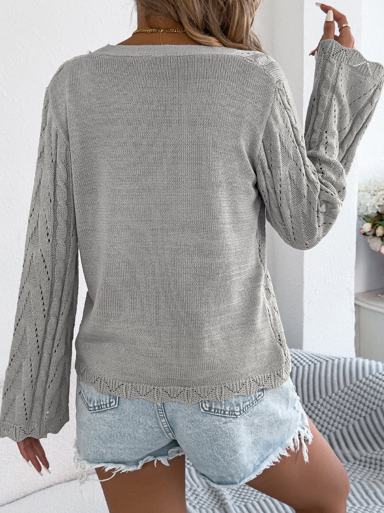 Solid Hollow Knit Tie-Front Bell Sleeve Cardigan