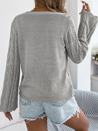 Solid Hollow Knit Tie-Front Bell Sleeve Cardigan