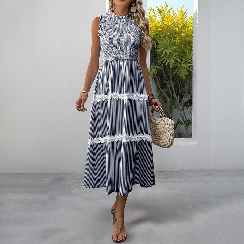 Sleeveless Striped Lace Midi Dress Ruffled A-Line Summer
