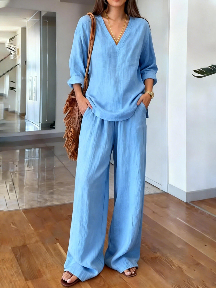 Women's V Neck Lounge Set Wide Leg Pants 2 Piece