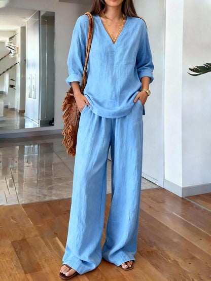 Women's V Neck Lounge Set Wide Leg Pants 2 Piece
