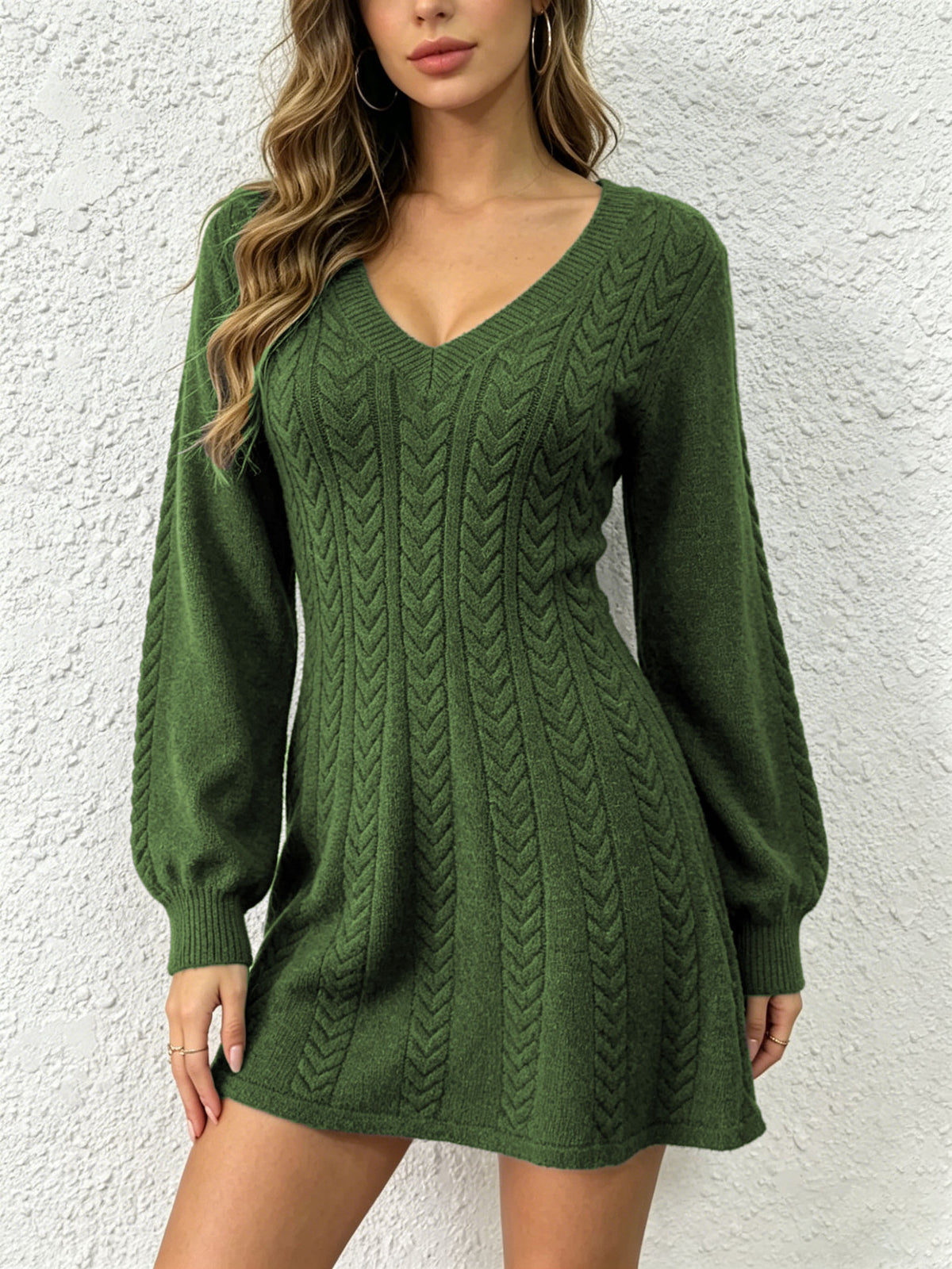 Cable Knit V-Neck Sweater Dress Balloon Sleeve Fit Flare
