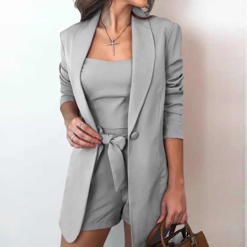 Women 3 Piece Blazer Crop Top Tie Waist Shorts Set