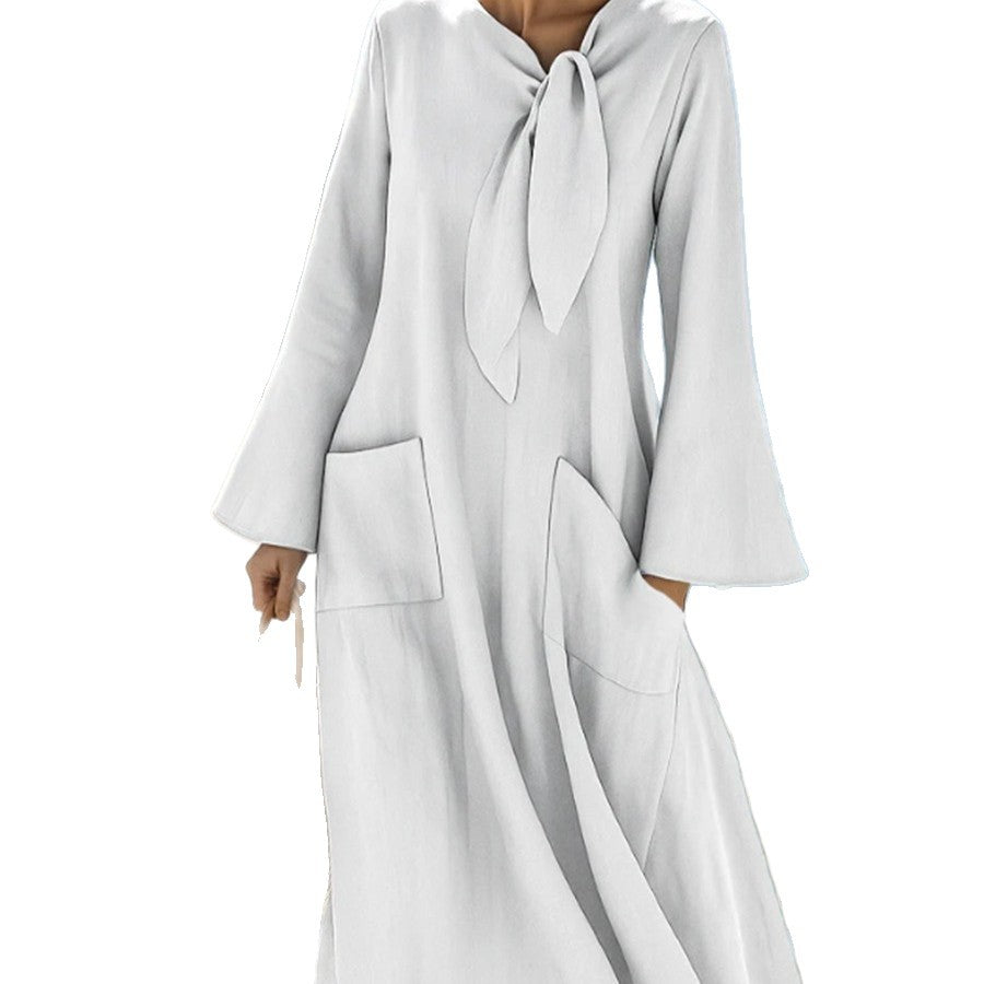 Cotton Linen Tie Neck Bell Sleeve Maxi Dress with Pockets
