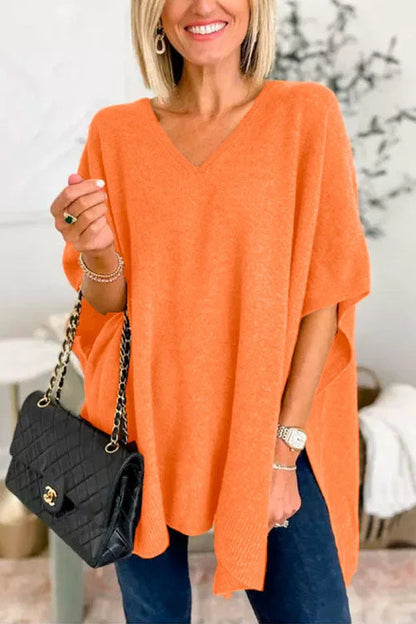 Women's Oversized V-Neck Batwing Sleeve Knit Poncho Sweater
