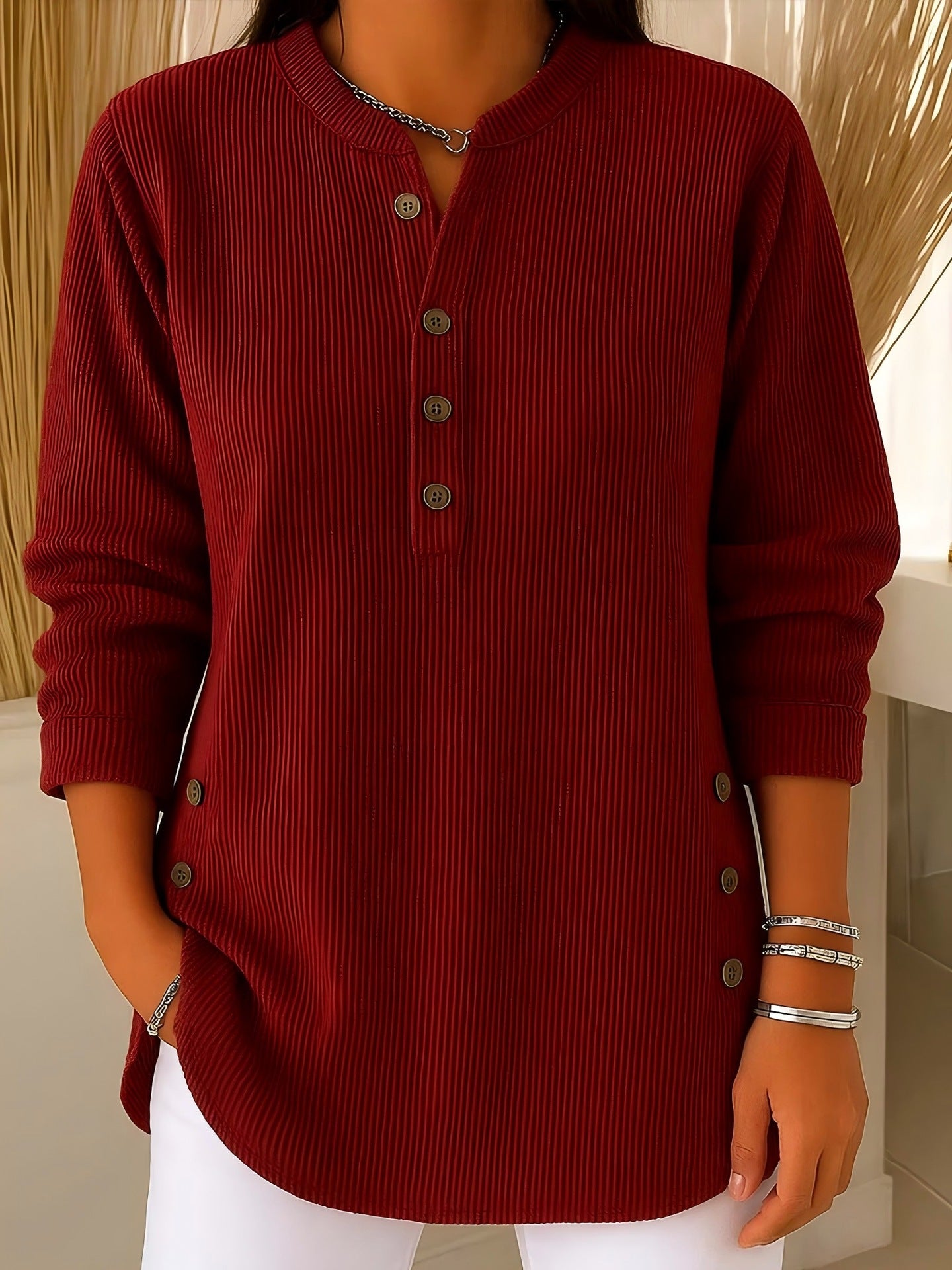 Corduroy Button Front Long Sleeve Henley Top
