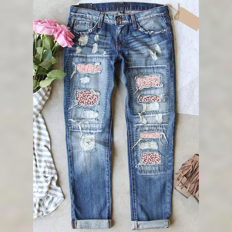 Valentine's Day Pink Leopard Distressed Denim Casual Jeans
