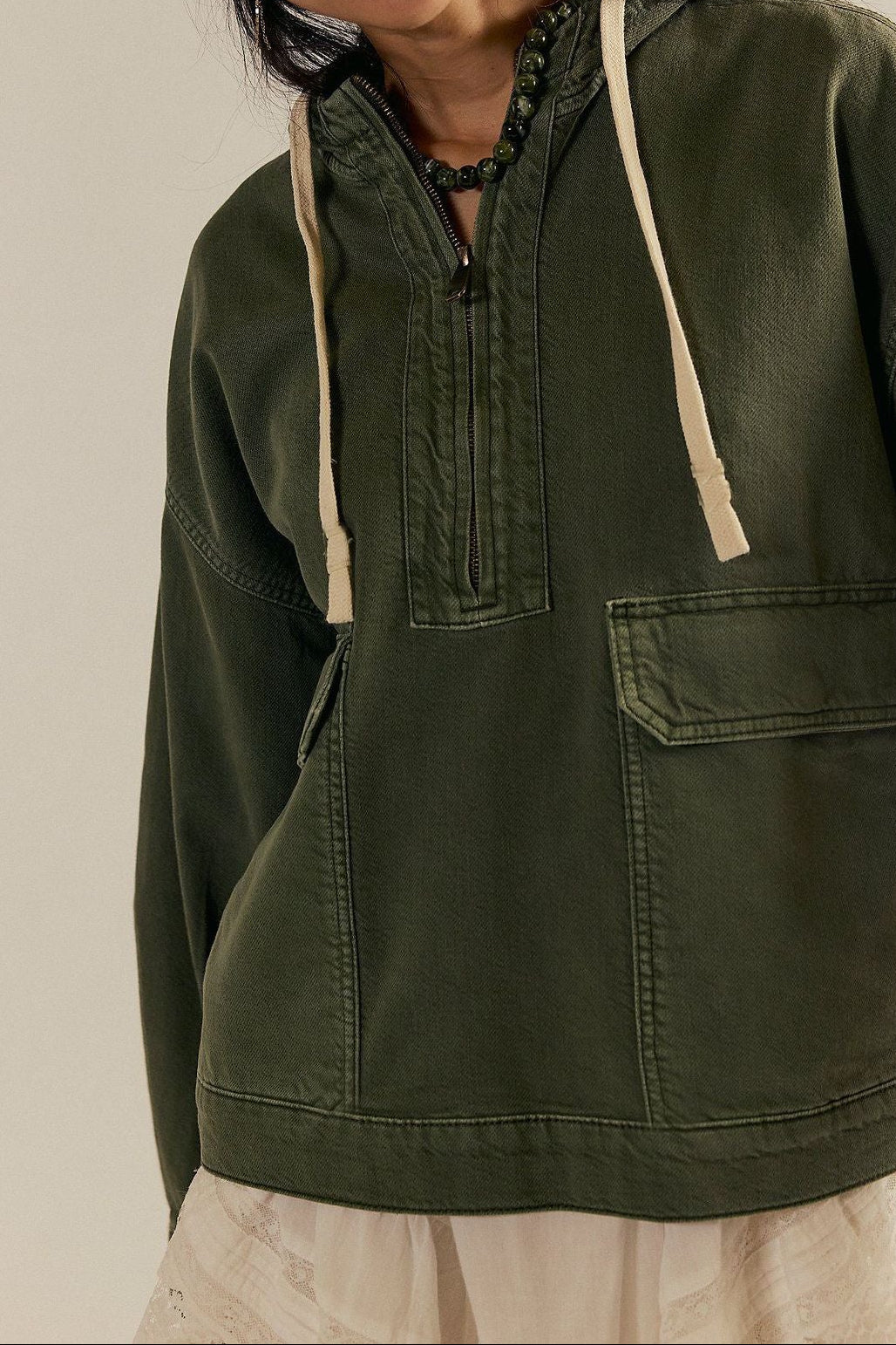 Oversized Washed Denim Hoodie Half Zip Jacket
