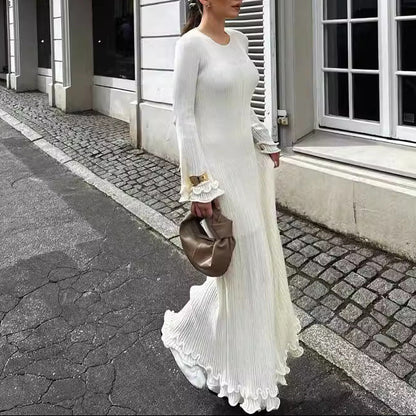 Ribbed Ruffle Maxi Dress Open Back Flare Sleeve