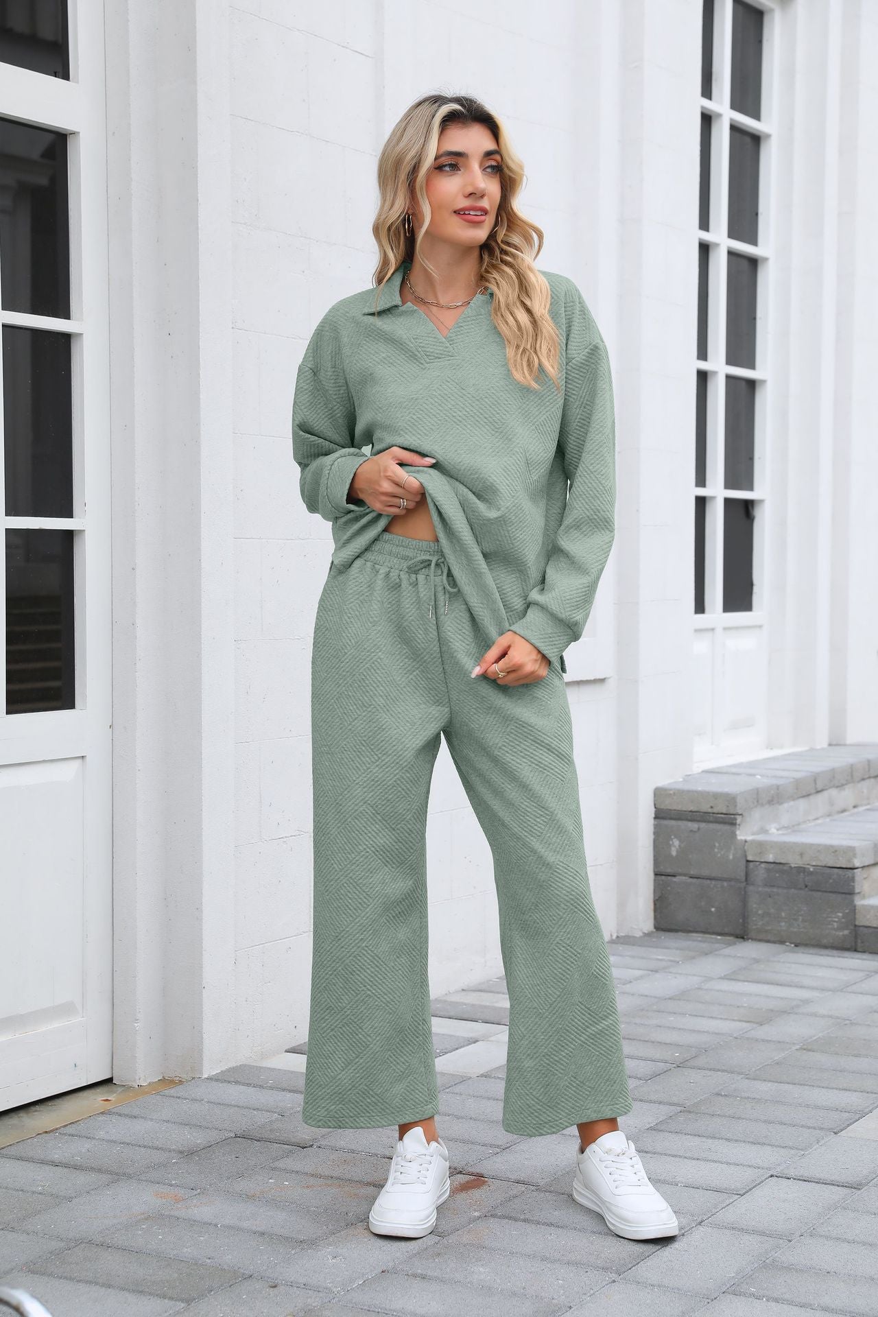 Women's Lounge Set Long Sleeve Collar Top Wide Leg Pants