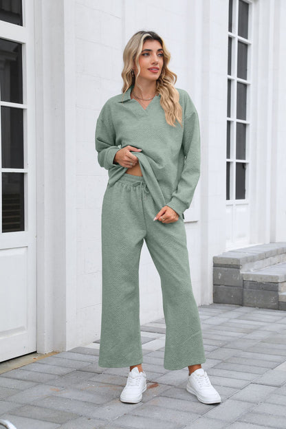 Women's Lounge Set Long Sleeve Collar Top Wide Leg Pants