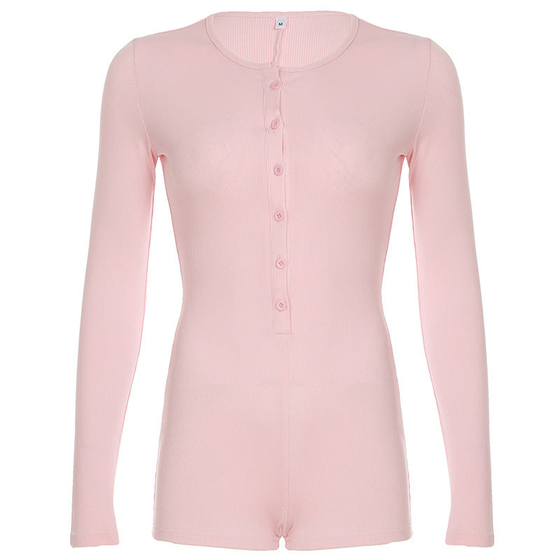 Sexy Pink Bodycon Button Front Long Sleeve Romper