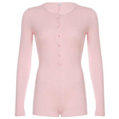 Sexy Pink Bodycon Button Front Long Sleeve Romper