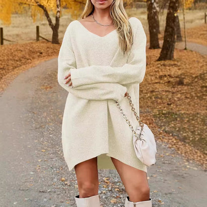 Oversized V Neck Chunky Knit Sweater Dress Long Sleeve