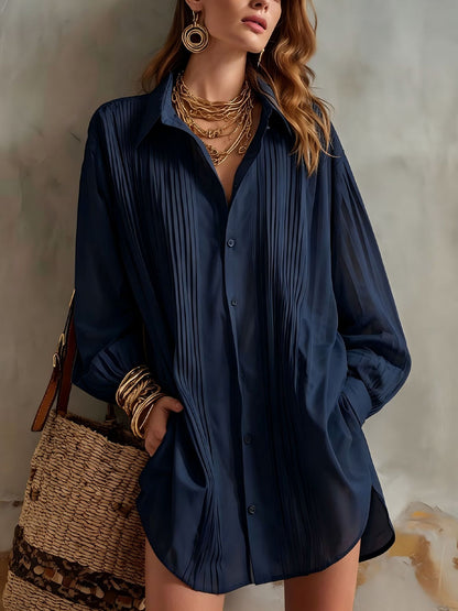 Women's Oversized Pleated Collared Shirt Long Sleeve Blouse