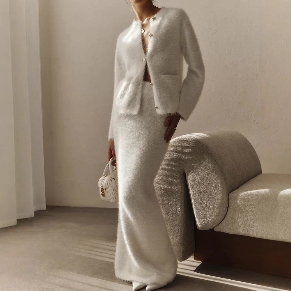 Fuzzy Button Cardigan Maxi Skirt Matching Set