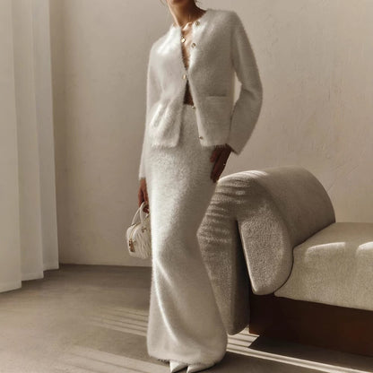 Fuzzy Button Cardigan Maxi Skirt Matching Set
