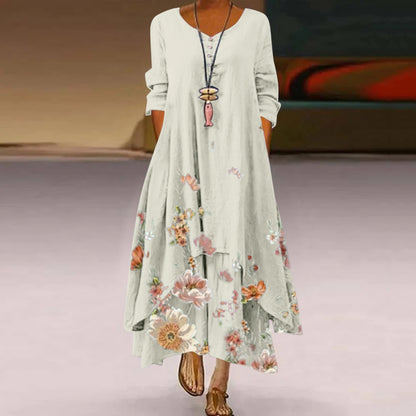 Women's Boho Floral Long Sleeve Asymmetrical Maxi Dress