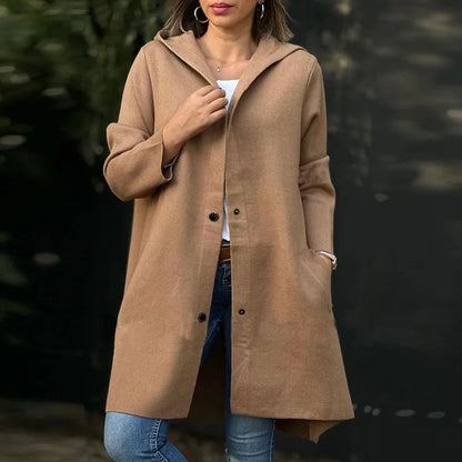 Women's Hooded Wool Coat Oversized Button Front Mid Length