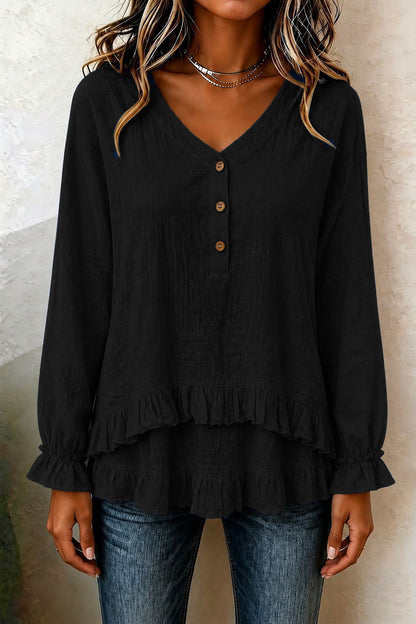 Women's V Neck Ruffle Long Sleeve Tiered Blouse