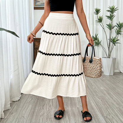 Elastic Waist Tiered Midi Skirt Color Block Boho Casual Flowy