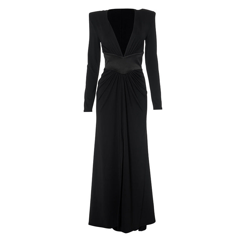 Black Sexy Deep V Long Sleeve High Slit Maxi Dress