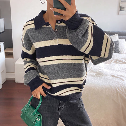 Contrast Striped Polo Collar Relaxed Knit Sweater