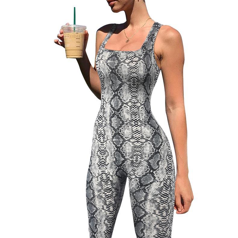 Women's Animal Print Square Neck Backless Bodycon Jumpsuit