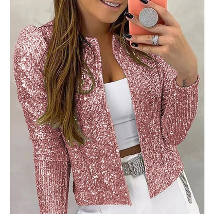 Women Sequin Zip Up Cropped Jacket Streetwear