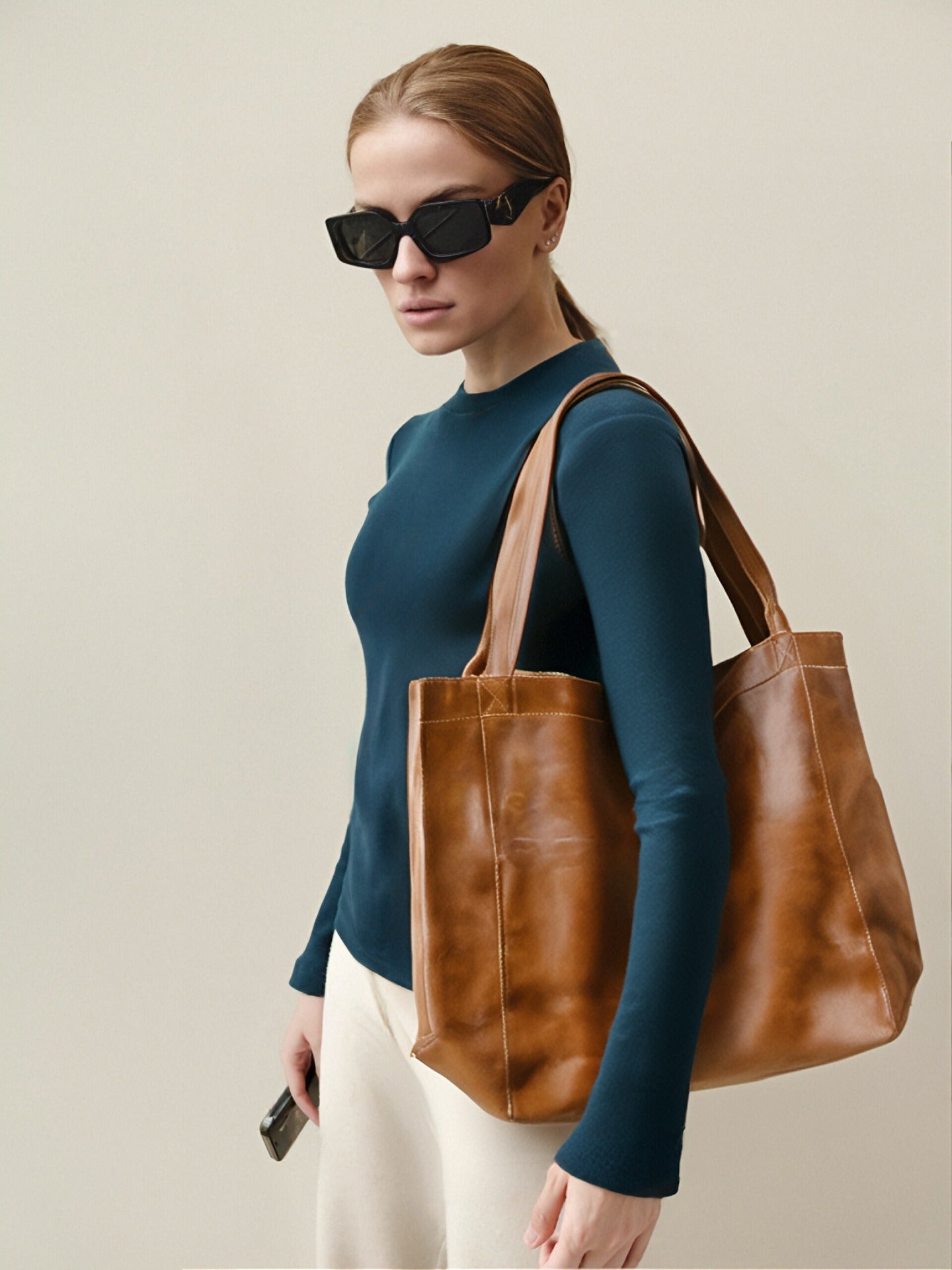 Vintage Soft Leather Tote Bag with Pocket Large Capacity