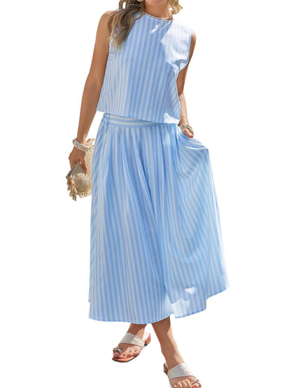 Women's Striped Cotton Tank & Midi Skirt Two-Piece Set