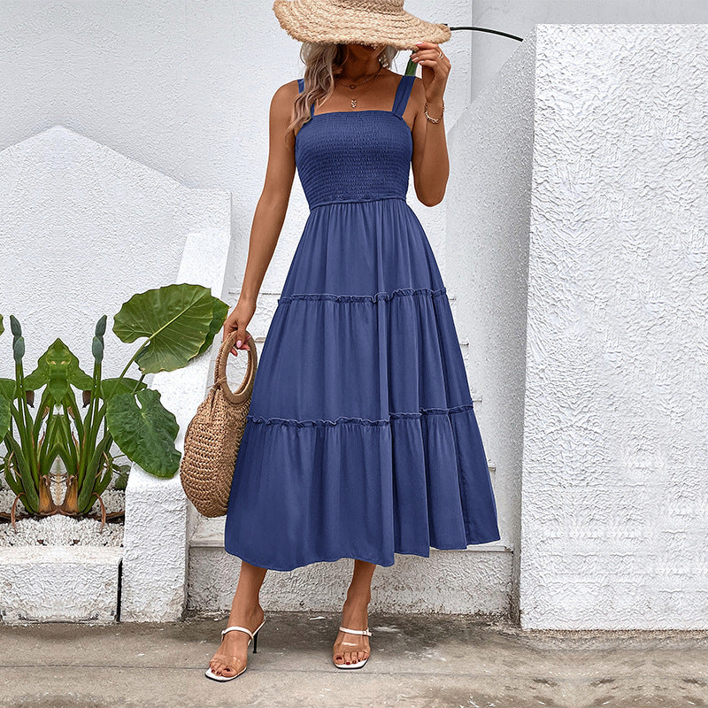 Women's Square Neck Smocked Tiered Midi Summer Dress