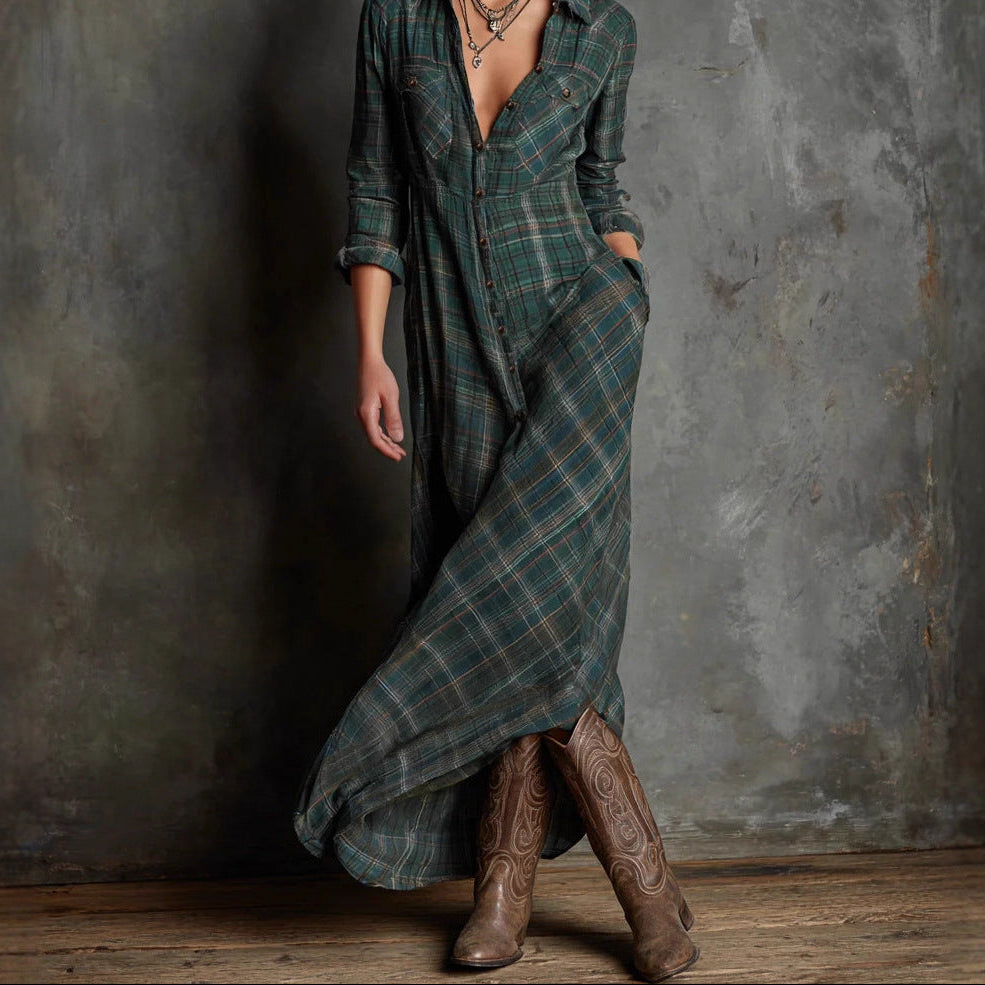 Plaid Shirt Dress Long Sleeve Maxi Casual with Pockets