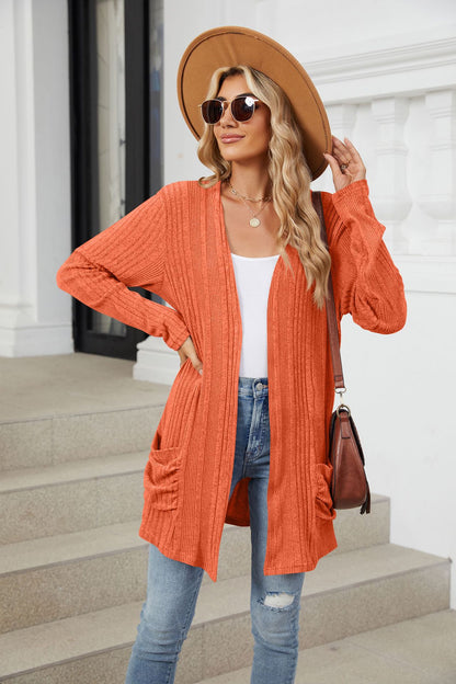 Women's Long Sleeve Ribbed Open Front Cardigan Pockets