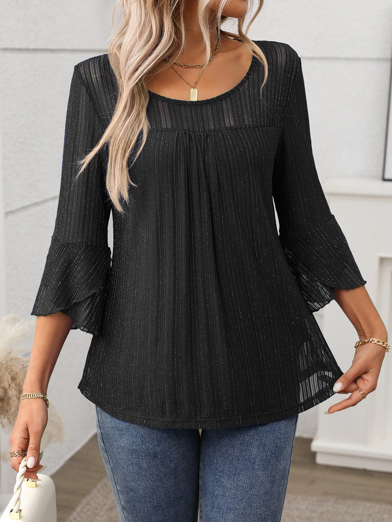 Elegant Round Neck Lotus Leaf Sleeve Mesh Top
