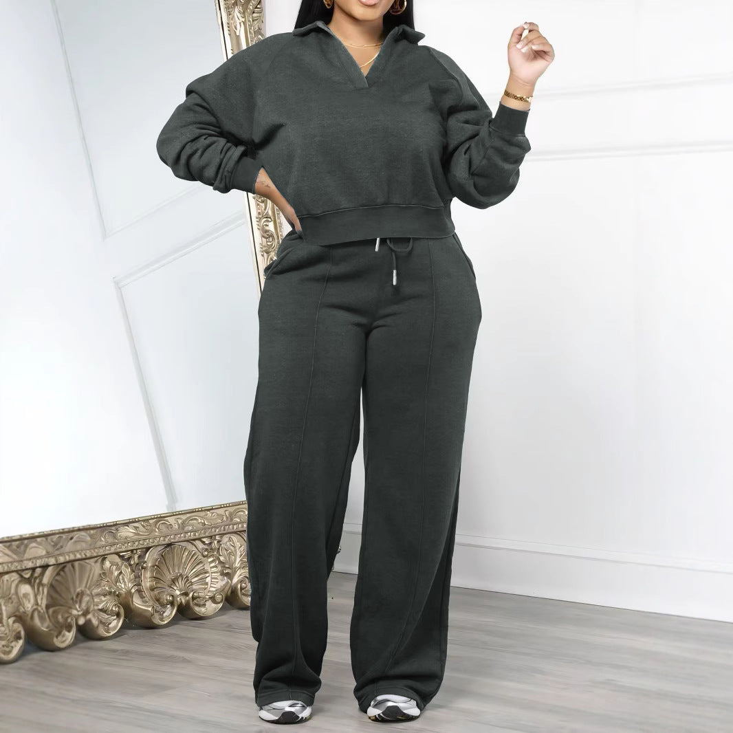 Women's Solid 2 Piece Lounge Sweatshirt Wide Leg Pants Set