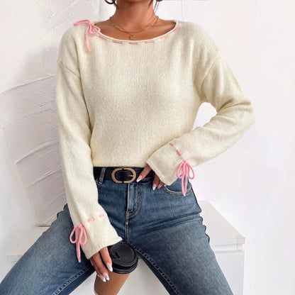 Women's Oversized Bow Crewneck Sweater Cream Knit Top
