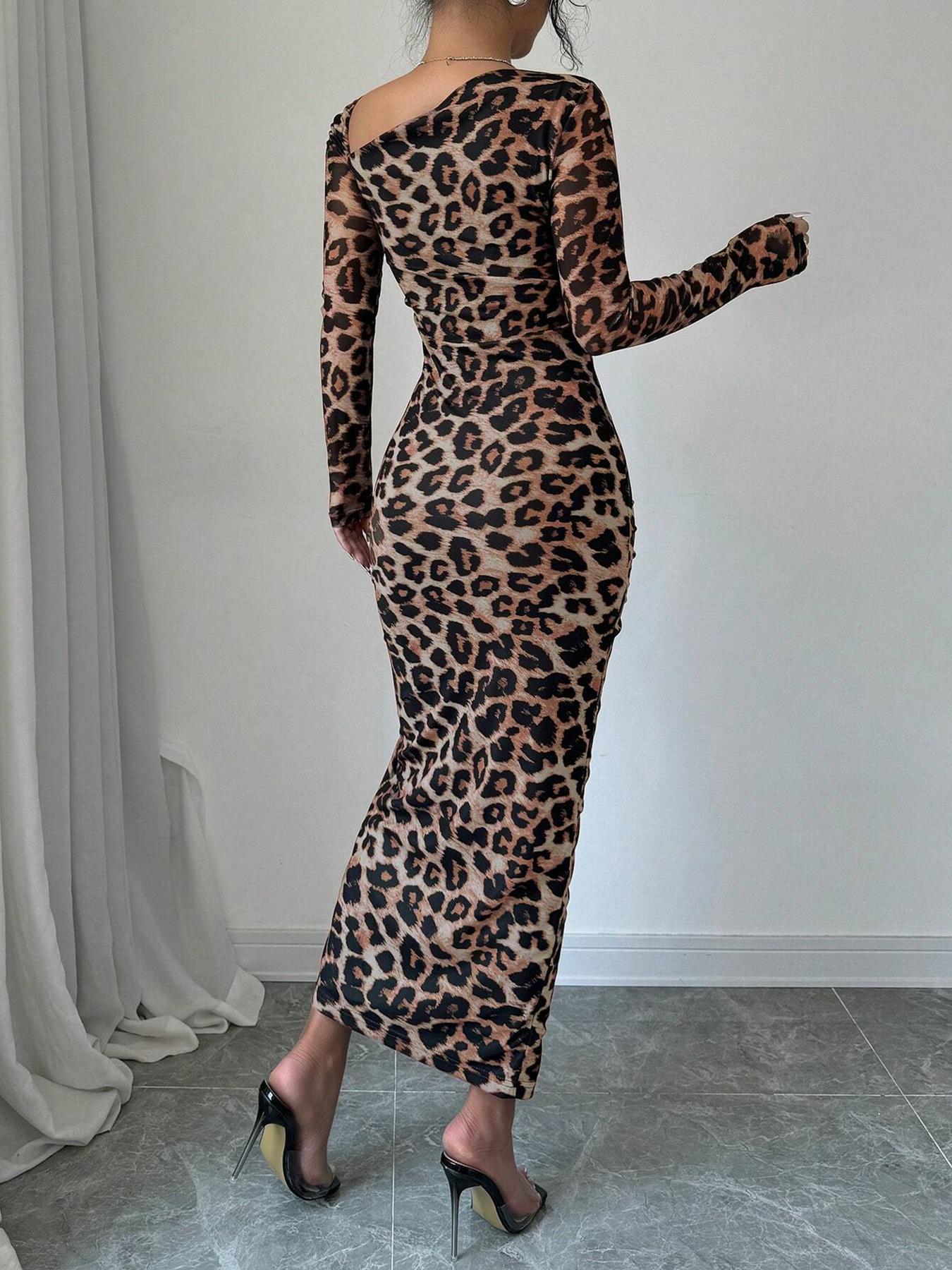Leopard Mesh Asymmetrical Neck Ruched Bodycon Midi Dress
