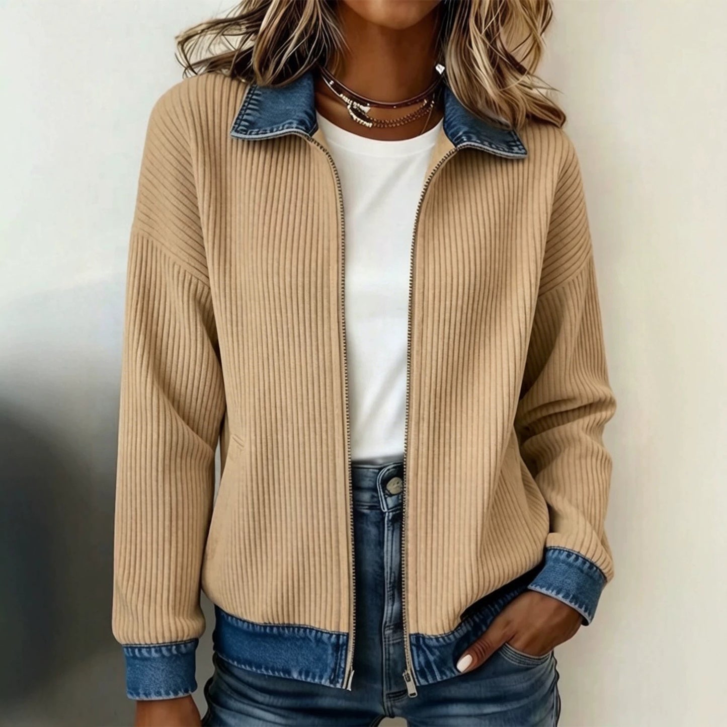 Women's Denim Patchwork Zip-Up Cardigan