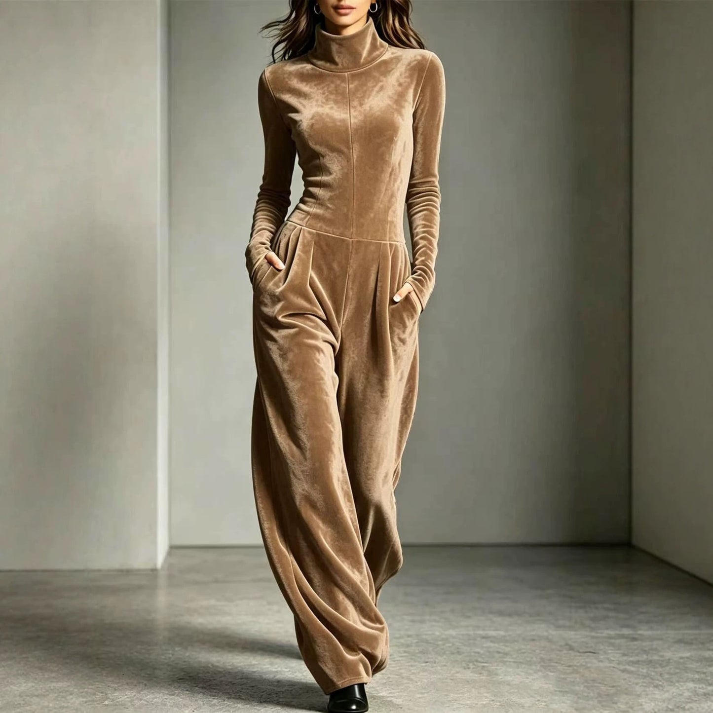 Women's Velvet Turtleneck Jumpsuit Long Sleeve Wide Leg