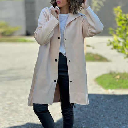 Women's Hooded Wool Coat Oversized Button Front Mid Length