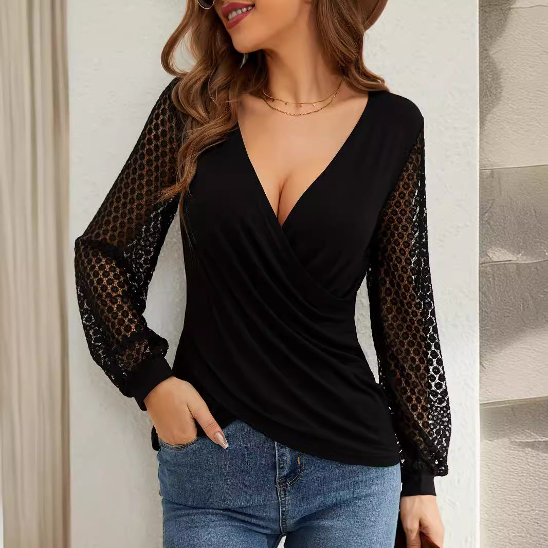 French Lace Splicing Lantern Sleeve Loose T-Shirt