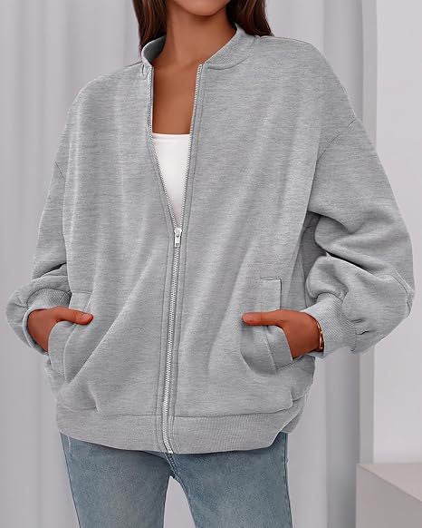 Women's Oversized Zip Up Bomber Jacket Lantern Sleeve