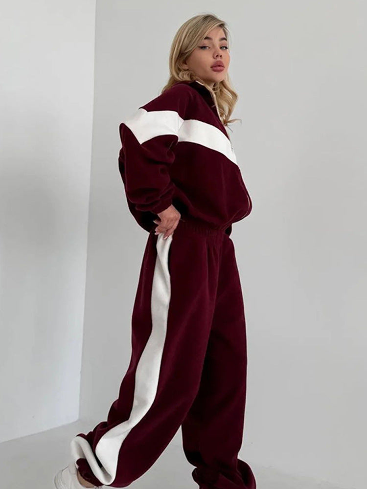 Womens Color Block Zip Up Tracksuit 2 Piece Set
